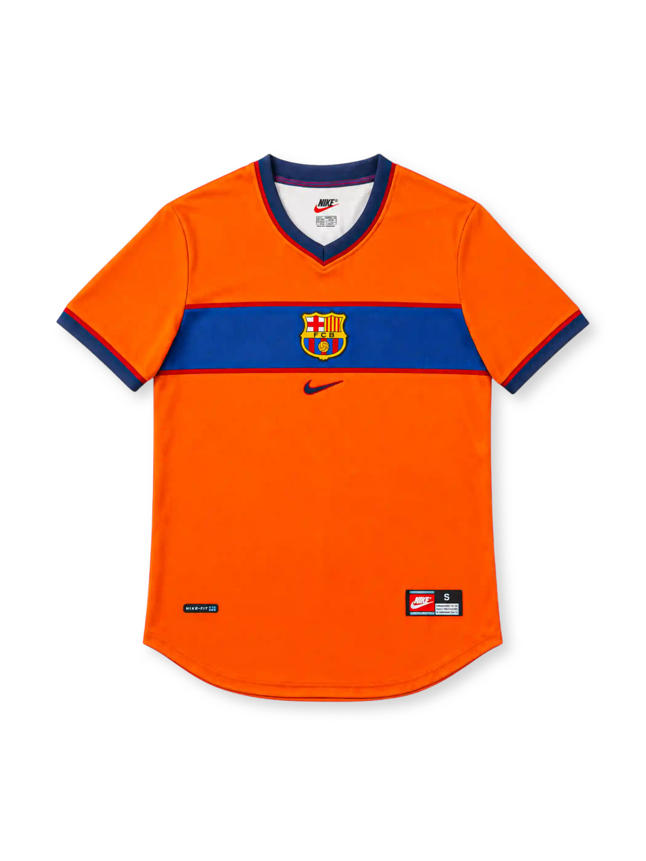 Barcelona 1998/99 orange third jersey with blue horizontal chest stripe, central club crest, navy Nike Swoosh, red-and-navy V-neck and contrasting sleeve cuffs.