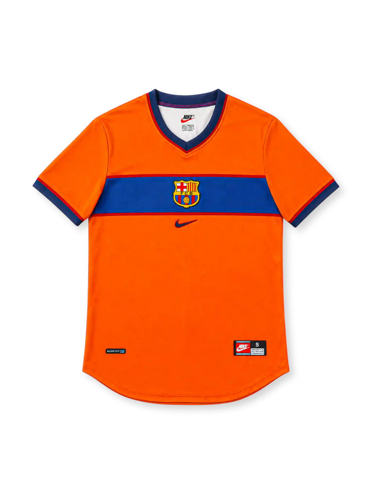 Barcelona 1998/99 orange third jersey with blue horizontal chest stripe, central club crest, navy Nike Swoosh, red-and-navy V-neck and contrasting sleeve cuffs.