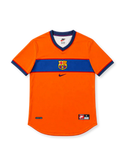 Barcelona 1998/99 orange third jersey with blue horizontal chest stripe, central club crest, navy Nike Swoosh, red-and-navy V-neck and contrasting sleeve cuffs.