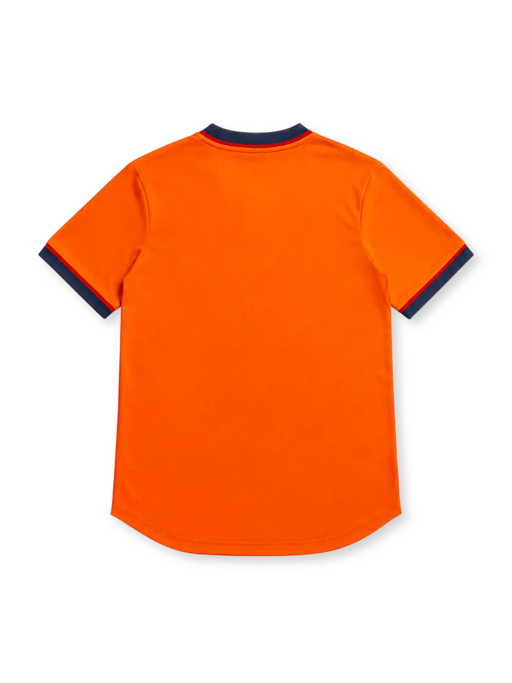 Barcelona 1998/99 orange third jersey with blue horizontal chest stripe, central club crest, navy Nike Swoosh, red-and-navy V-neck and contrasting sleeve cuffs.