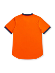 Barcelona 1998/99 orange third jersey with blue horizontal chest stripe, central club crest, navy Nike Swoosh, red-and-navy V-neck and contrasting sleeve cuffs.