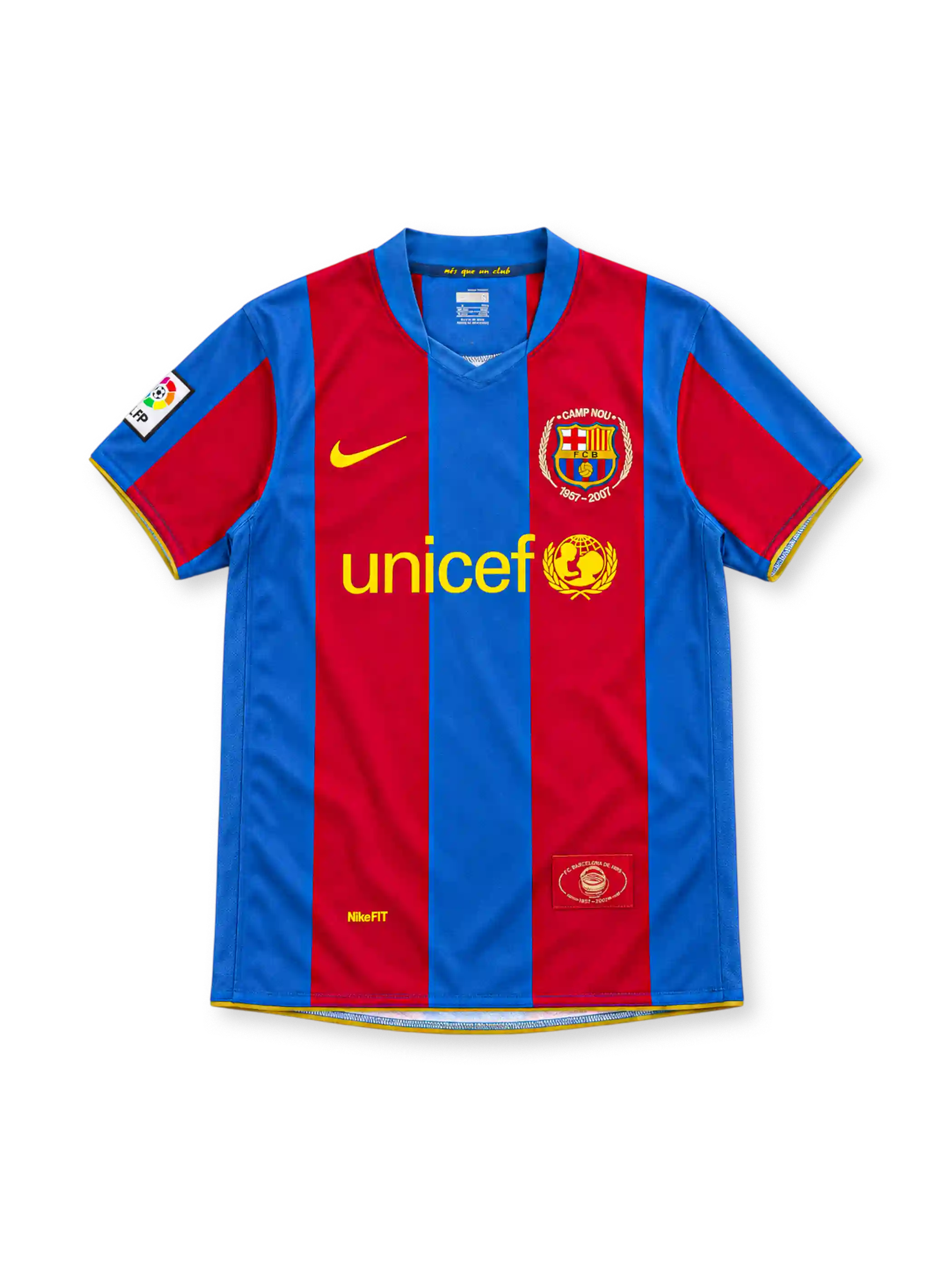 Barcelona 2007/08 home jersey with red-and-blue vertical stripes, yellow Nike Swoosh, UNICEF sponsor, Camp Nou 1957–2007 anniversary crest and La Liga sleeve patch.
