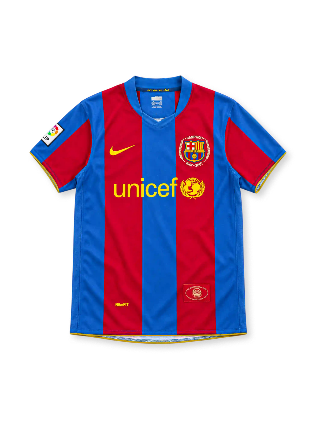 Barcelona 2007/08 home jersey with red-and-blue vertical stripes, yellow Nike Swoosh, UNICEF sponsor, Camp Nou 1957–2007 anniversary crest and La Liga sleeve patch.