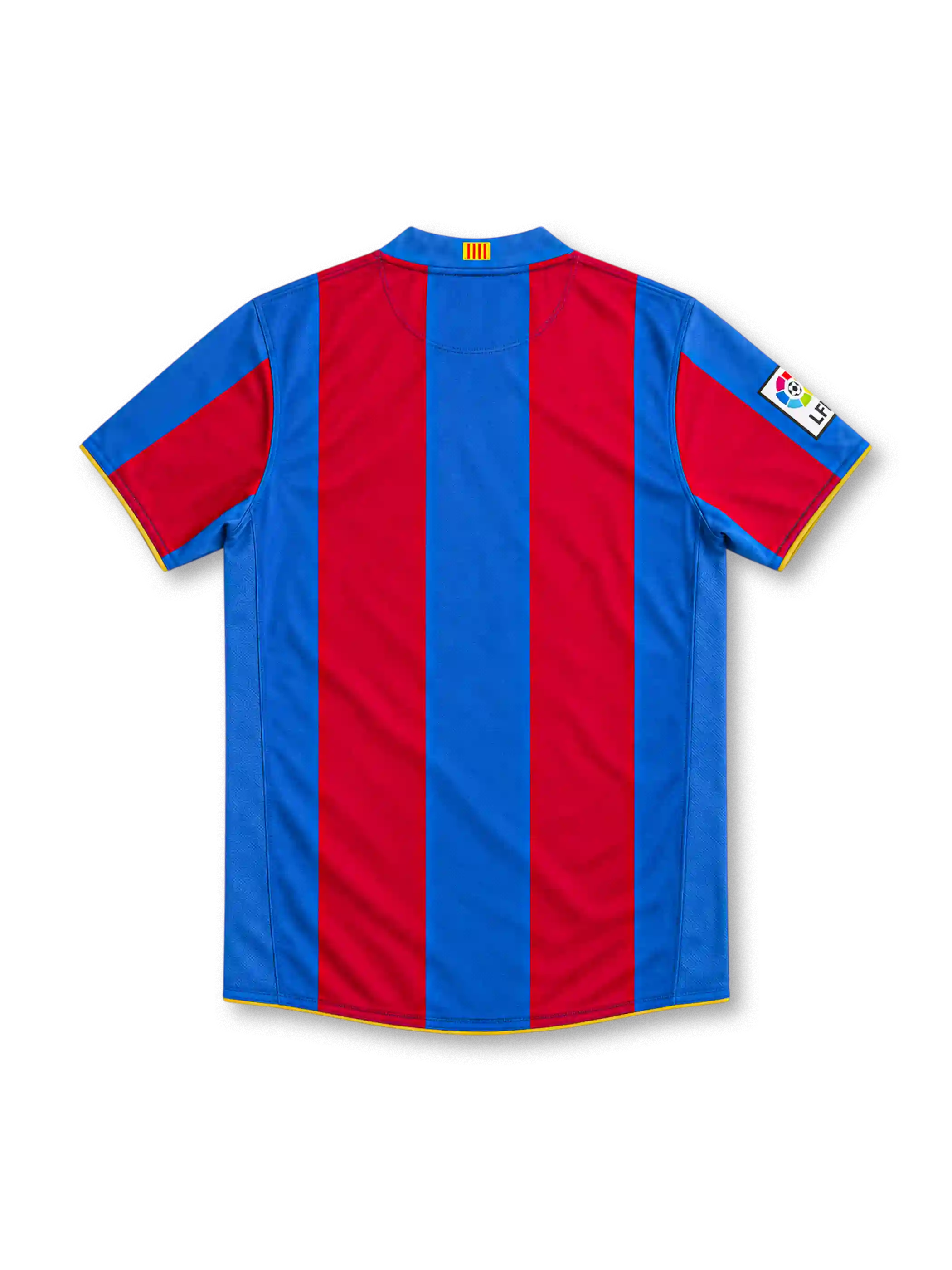 Barcelona 2007/08 home jersey with red-and-blue vertical stripes, yellow Nike Swoosh, UNICEF sponsor, Camp Nou 1957–2007 anniversary crest and La Liga sleeve patch.