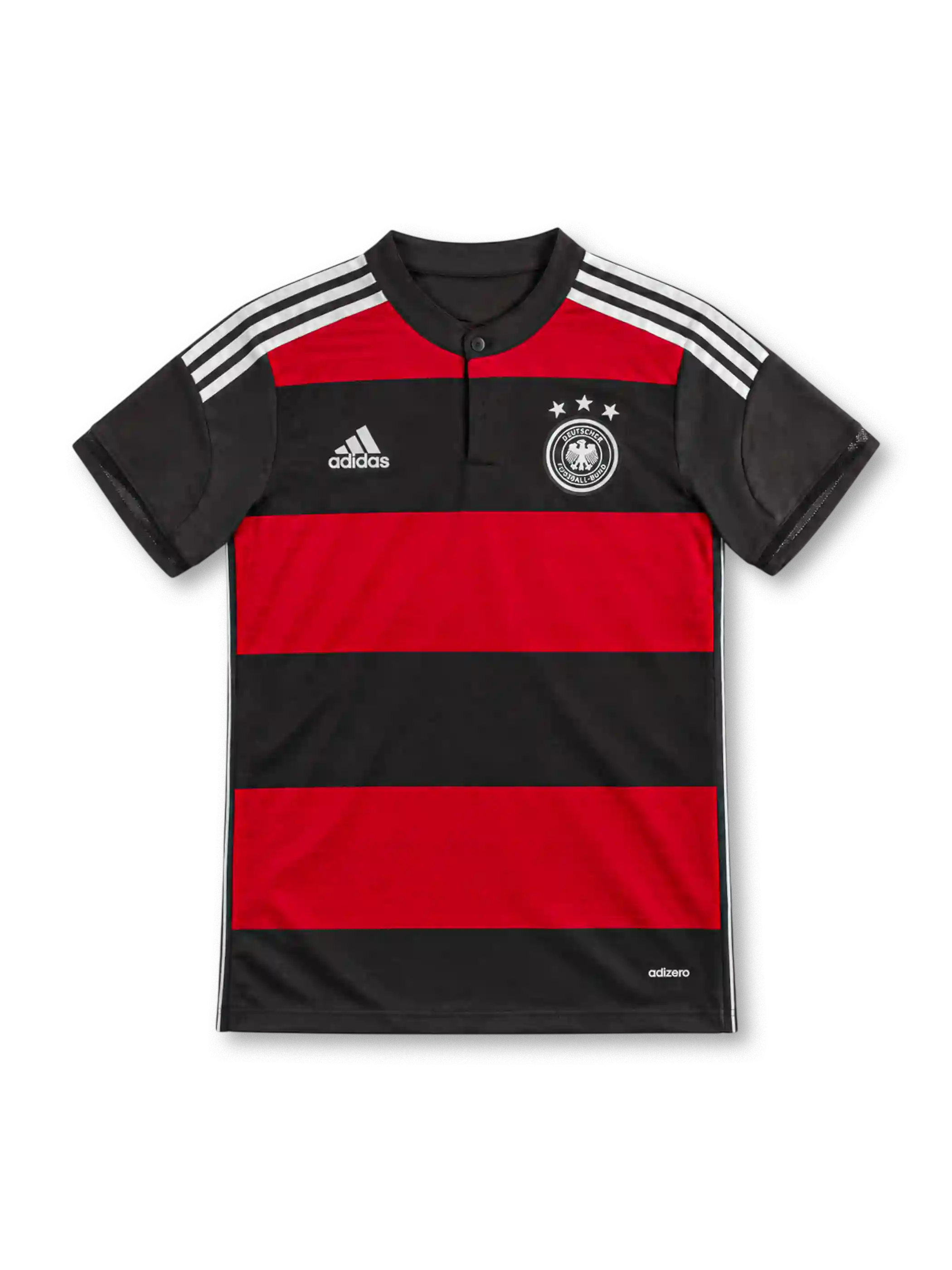 Germany 2014 away jersey with red-and-black horizontal stripes, white adidas shoulder stripes, black button collar, three-star DFB crest and adizero branding.