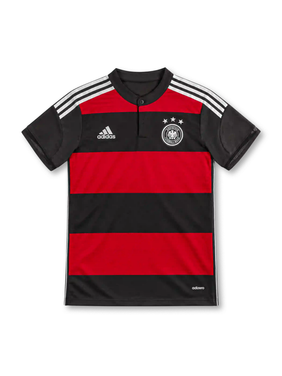 Germany 2014 away jersey with red-and-black horizontal stripes, white adidas shoulder stripes, black button collar, three-star DFB crest and adizero branding.