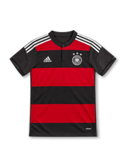 Germany 2014 away jersey with red-and-black horizontal stripes, white adidas shoulder stripes, black button collar, three-star DFB crest and adizero branding.
