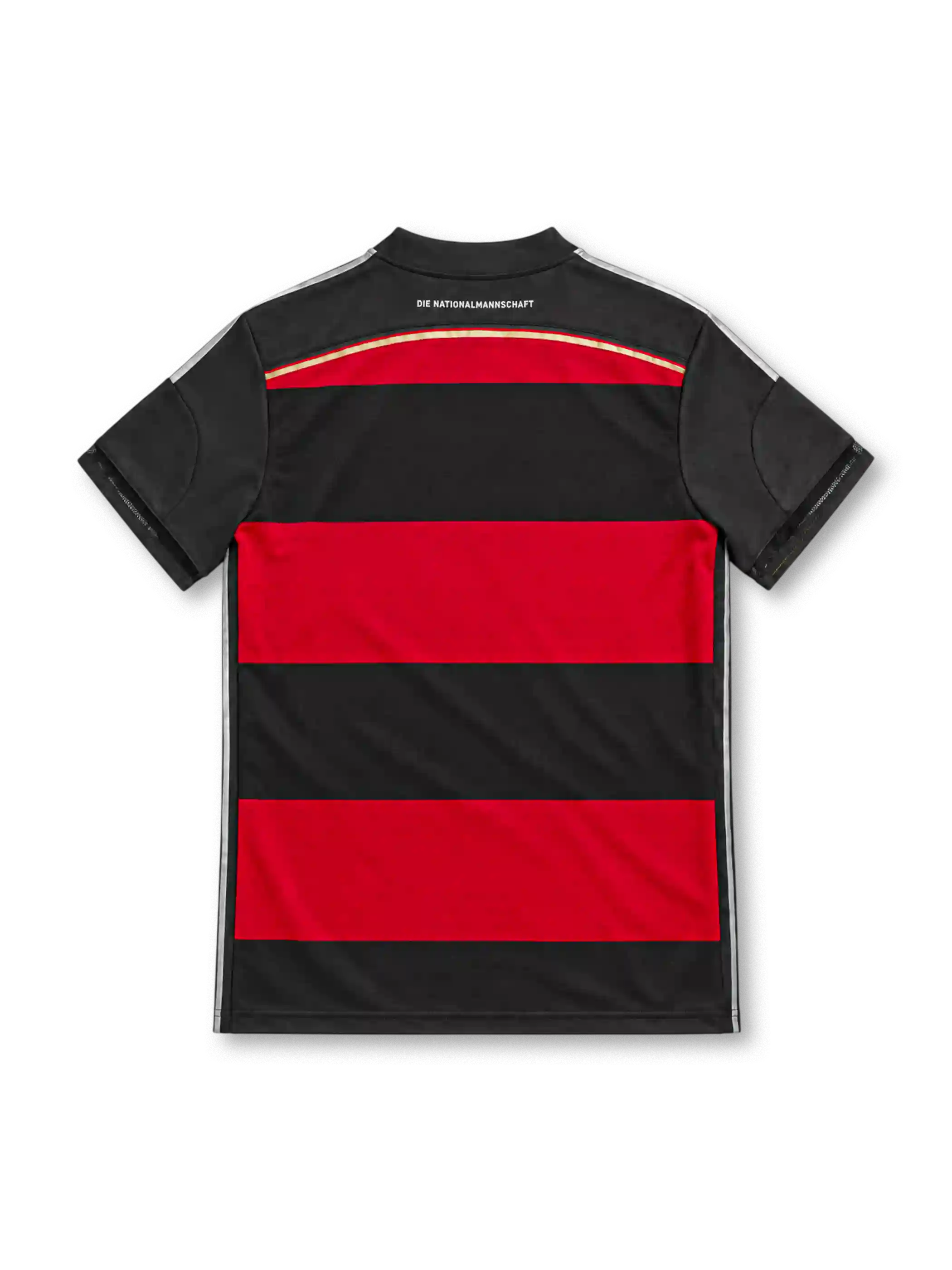 Germany 2014 away jersey with red-and-black horizontal stripes, white adidas shoulder stripes, black button collar, three-star DFB crest and adizero branding.