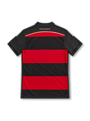 Germany 2014 away jersey with red-and-black horizontal stripes, white adidas shoulder stripes, black button collar, three-star DFB crest and adizero branding.
