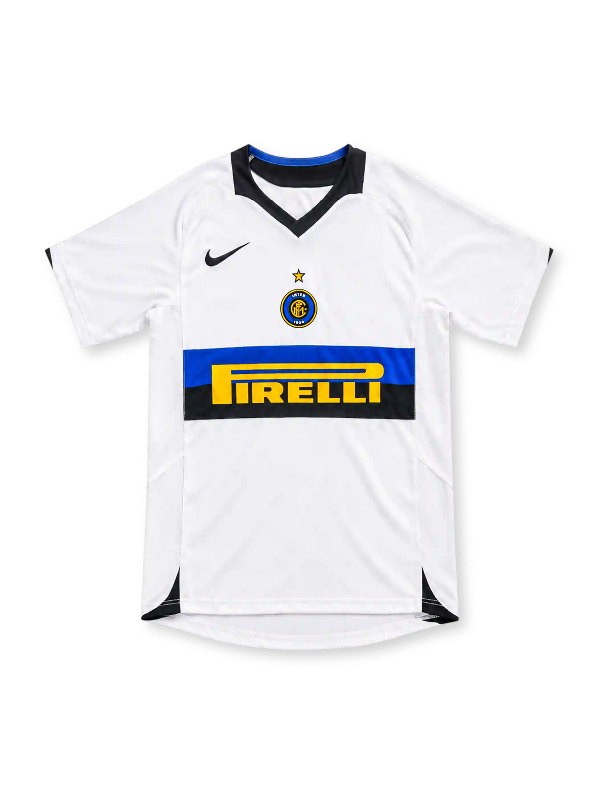 Inter Milan 2005/06 white away jersey with blue-and-black chest band, yellow Pirelli sponsor, black Nike Swoosh, central Inter crest and black V-neck collar.