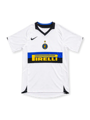 Inter Milan 2005/06 white away jersey with blue-and-black chest band, yellow Pirelli sponsor, black Nike Swoosh, central Inter crest and black V-neck collar.