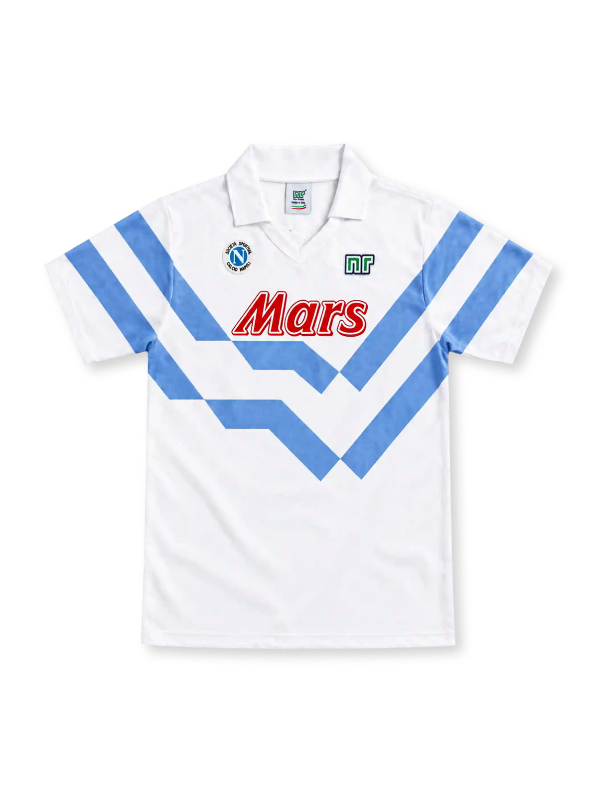 Napoli 1989/90 white away jersey with sky-blue chevron stripes, white fold-down collar, Ennerre logo, circular Napoli crest and red Mars sponsor.