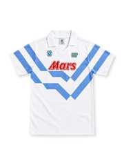 Napoli 1989/90 white away jersey with sky-blue chevron stripes, white fold-down collar, Ennerre logo, circular Napoli crest and red Mars sponsor.