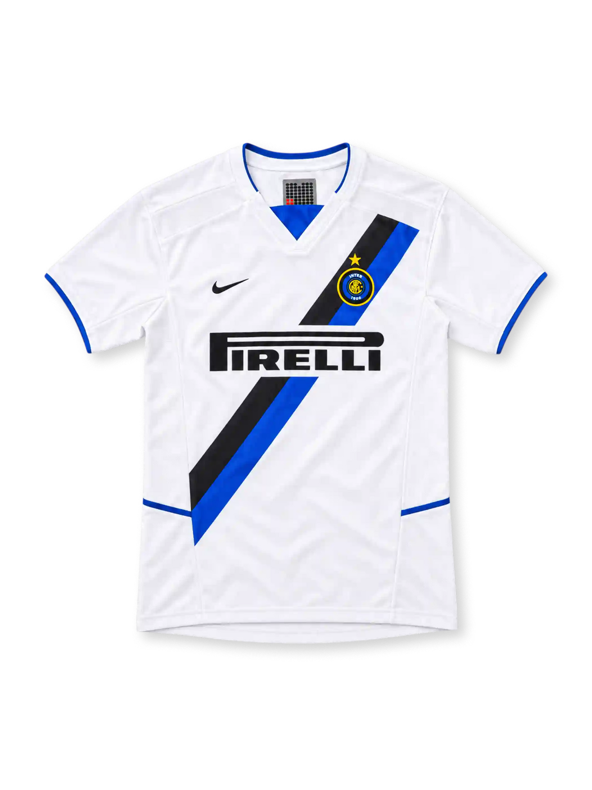 Inter Milan 2002/03 white away jersey with black-and-blue diagonal sash, Nike Swoosh, gold-star Inter crest, black Pirelli sponsor and blue-trimmed V-neck.