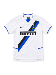 Inter Milan 2002/03 white away jersey with black-and-blue diagonal sash, Nike Swoosh, gold-star Inter crest, black Pirelli sponsor and blue-trimmed V-neck.