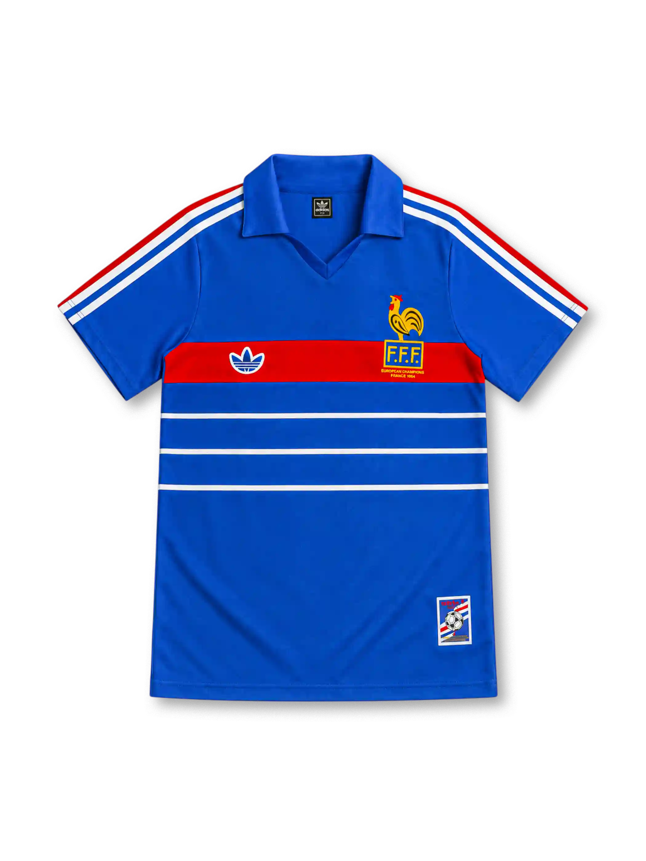 France 1984 royal-blue home jersey with red chest band, white horizontal stripes, tricolor adidas shoulder stripes, yellow FFF rooster crest and commemorative hem patch.