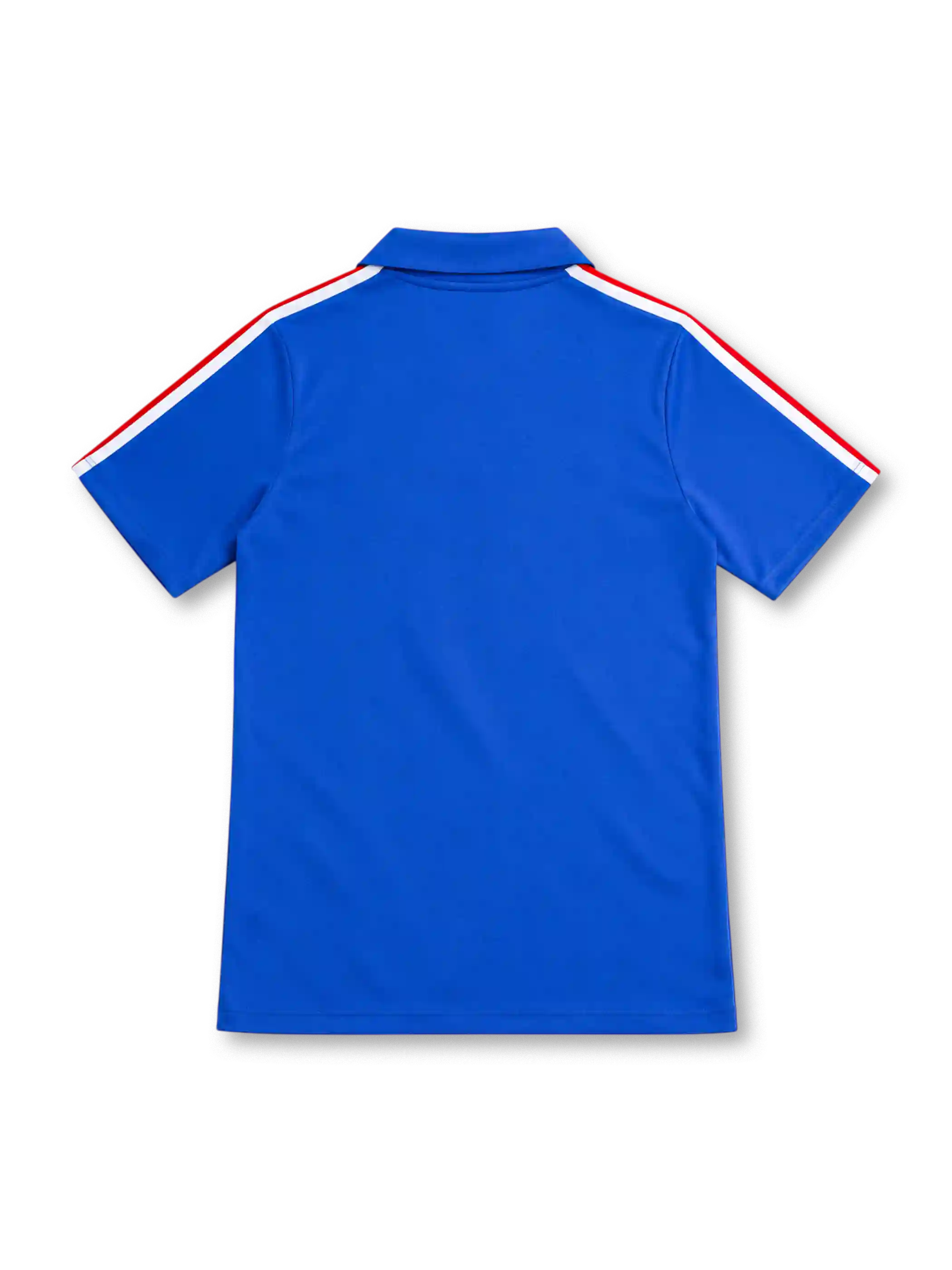 France 1984 royal-blue home jersey with red chest band, white horizontal stripes, tricolor adidas shoulder stripes, yellow FFF rooster crest and commemorative hem patch.