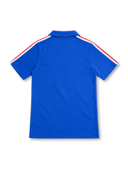 France 1984 royal-blue home jersey with red chest band, white horizontal stripes, tricolor adidas shoulder stripes, yellow FFF rooster crest and commemorative hem patch.