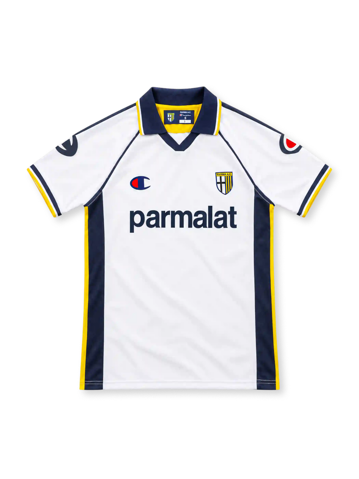 Parma 2003/04 white away jersey with navy side panels, yellow piping, Champion logos, Parmalat chest sponsor, Parma crest and navy polo collar.