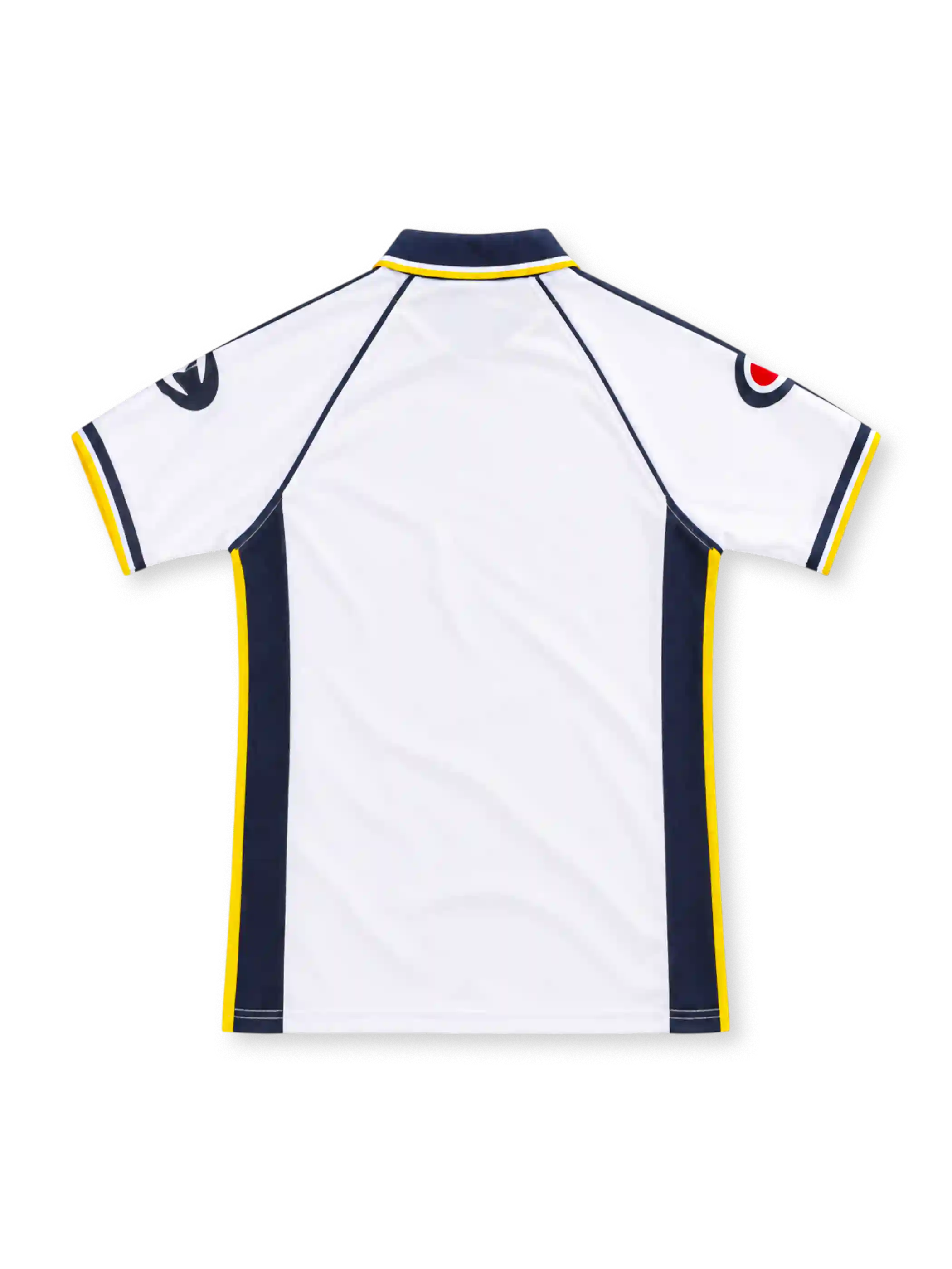 Parma 2003/04 white away jersey with navy side panels, yellow piping, Champion logos, Parmalat chest sponsor, Parma crest and navy polo collar.