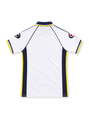 Parma 2003/04 white away jersey with navy side panels, yellow piping, Champion logos, Parmalat chest sponsor, Parma crest and navy polo collar.