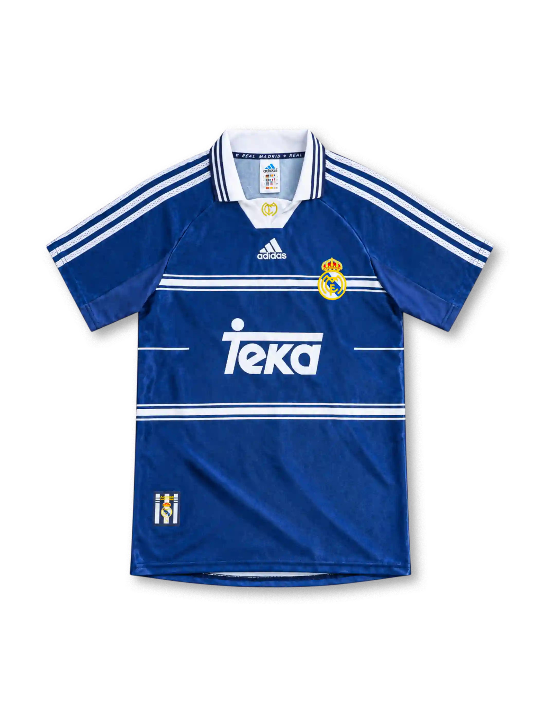 Real Madrid 1998/99 blue away jersey with white horizontal chest stripes, adidas three-stripe shoulders, white polo collar, club crest and Teka sponsor.