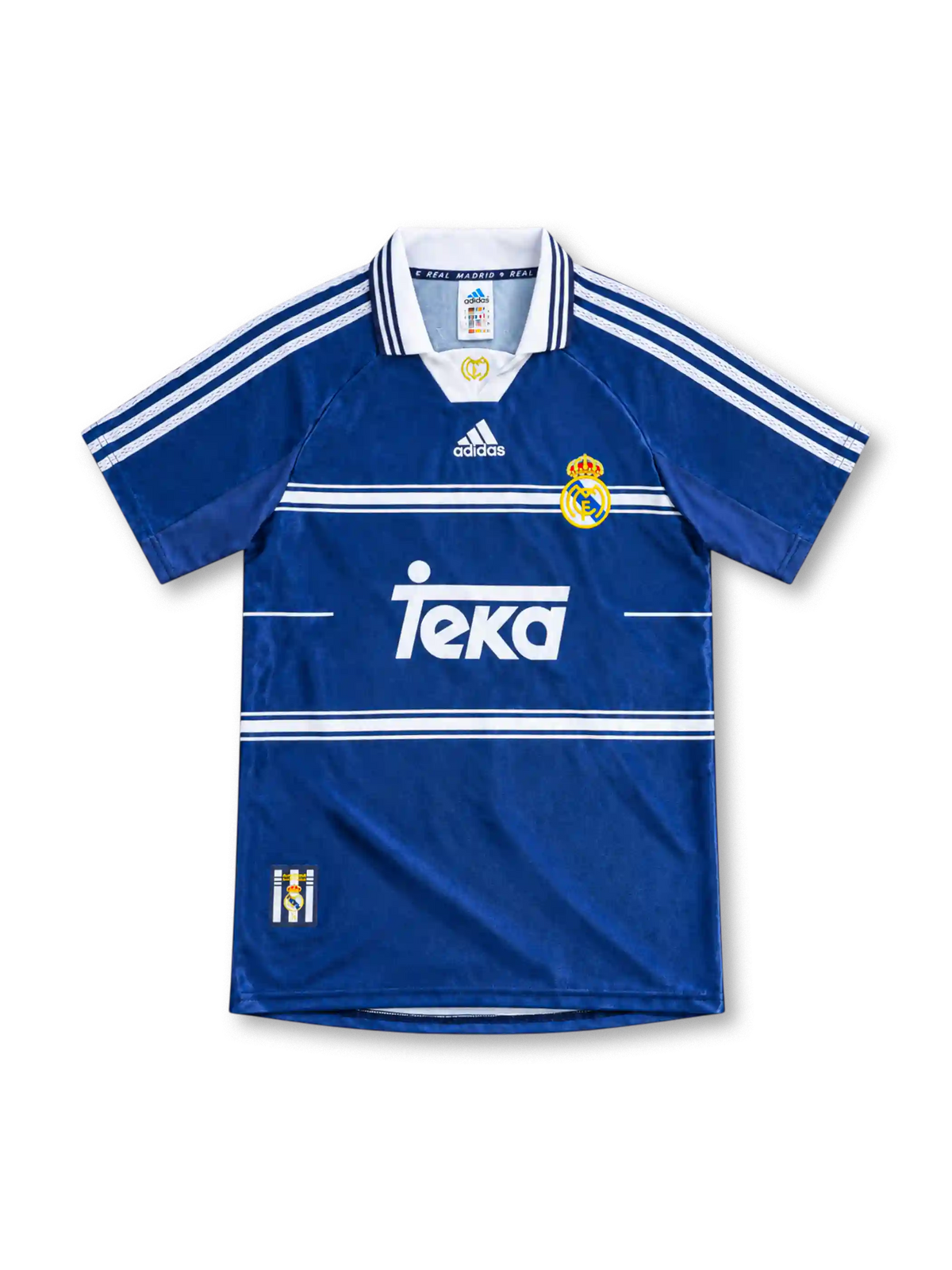 Real Madrid 1998/99 blue away jersey with white horizontal chest stripes, adidas three-stripe shoulders, white polo collar, club crest and Teka sponsor.