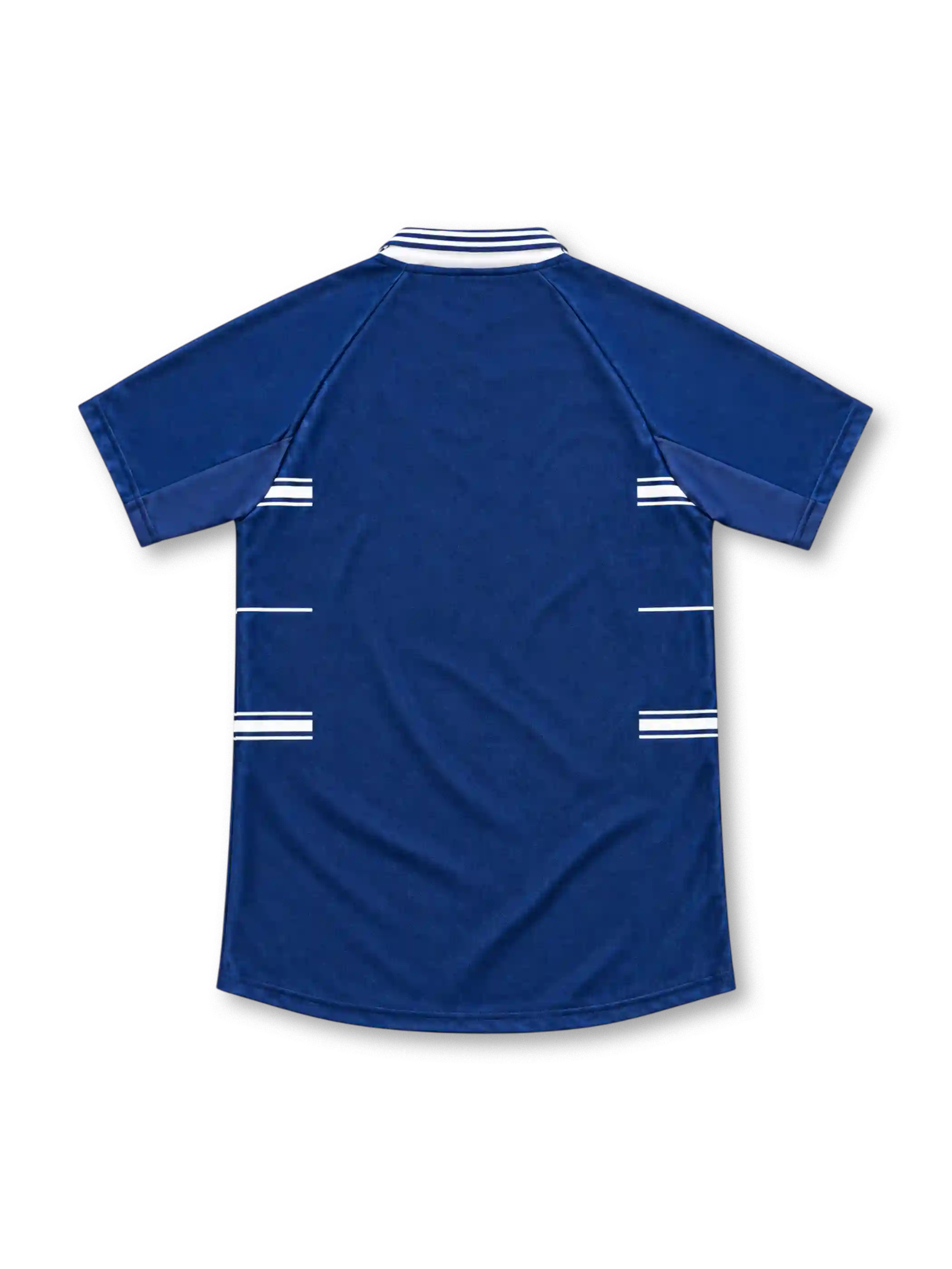 Real Madrid 1998/99 blue away jersey with white horizontal chest stripes, adidas three-stripe shoulders, white polo collar, club crest and Teka sponsor.