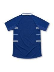 Real Madrid 1998/99 blue away jersey with white horizontal chest stripes, adidas three-stripe shoulders, white polo collar, club crest and Teka sponsor.