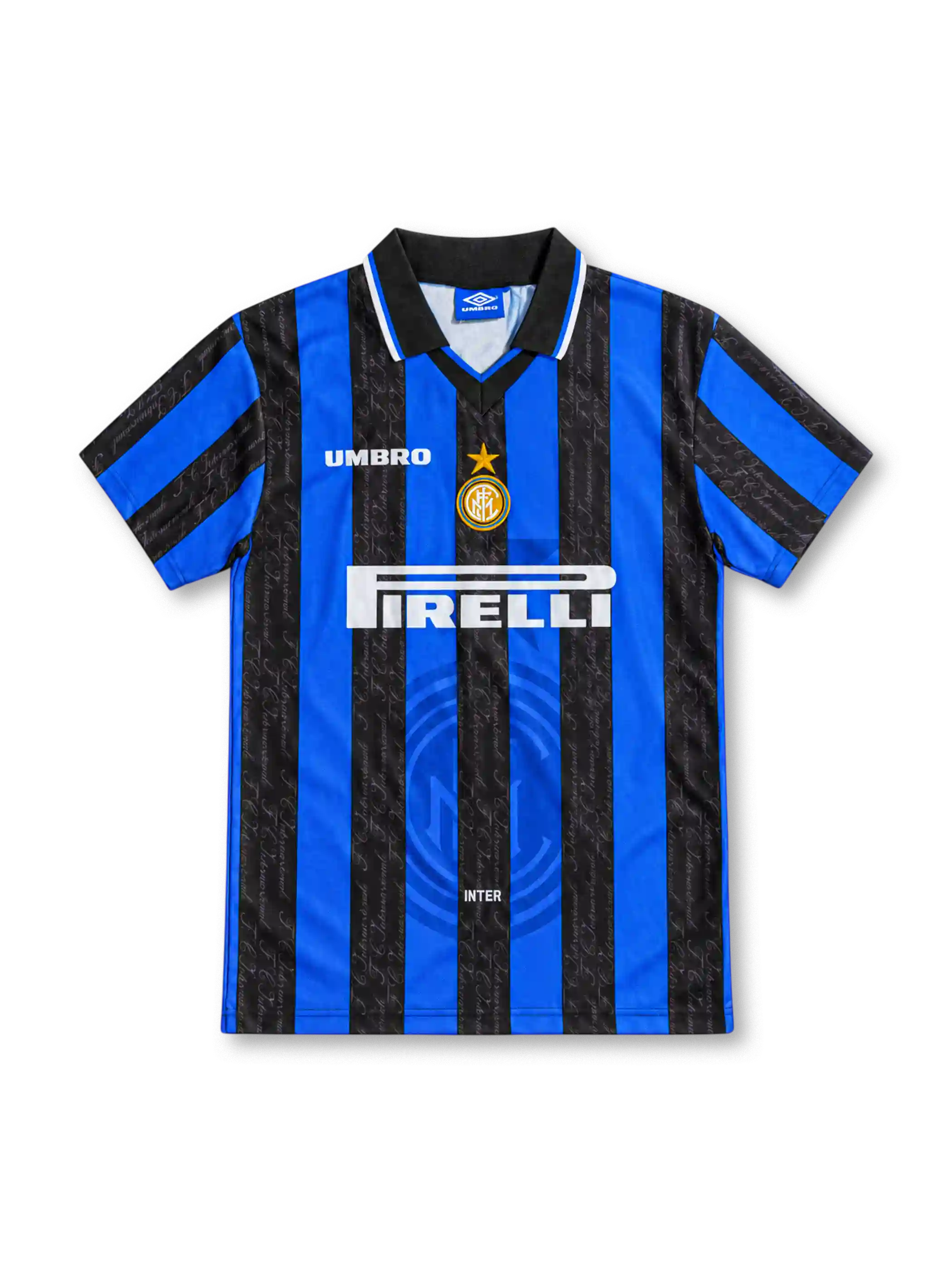 Inter Milan 1997/98 home jersey with blue-and-black vertical stripes, subtle script patterns, white Umbro logo, central gold-star Inter crest, Pirelli sponsor and black polo collar.