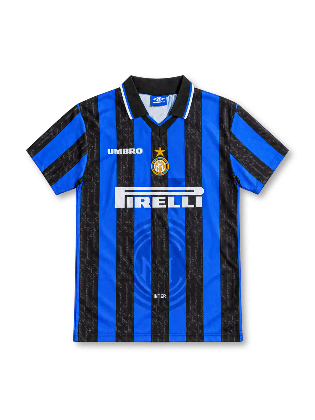 Inter Milan 1997/98 home jersey with blue-and-black vertical stripes, subtle script patterns, white Umbro logo, central gold-star Inter crest, Pirelli sponsor and black polo collar.