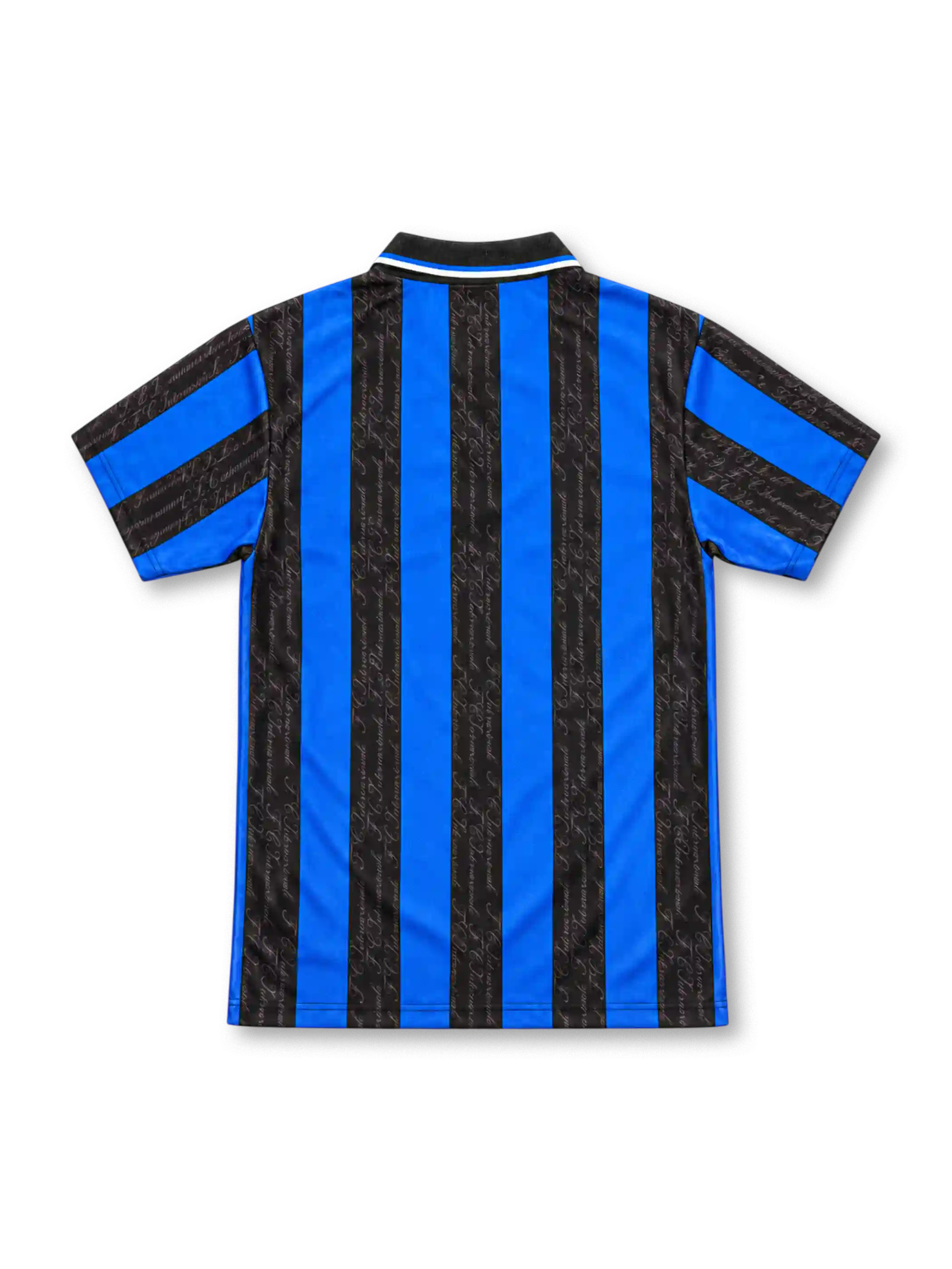Inter Milan 1997/98 home jersey with blue-and-black vertical stripes, subtle script patterns, white Umbro logo, central gold-star Inter crest, Pirelli sponsor and black polo collar.