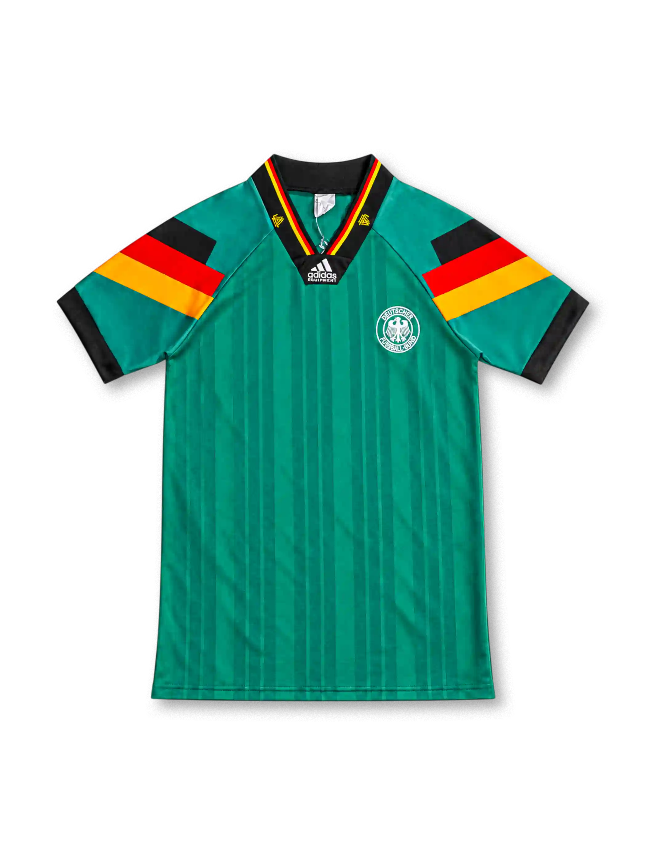 Germany 1992 green away jersey with tonal vertical stripes, black-red-gold sleeve bands, black V-neck collar, white adidas Equipment logo and circular DFB eagle crest.