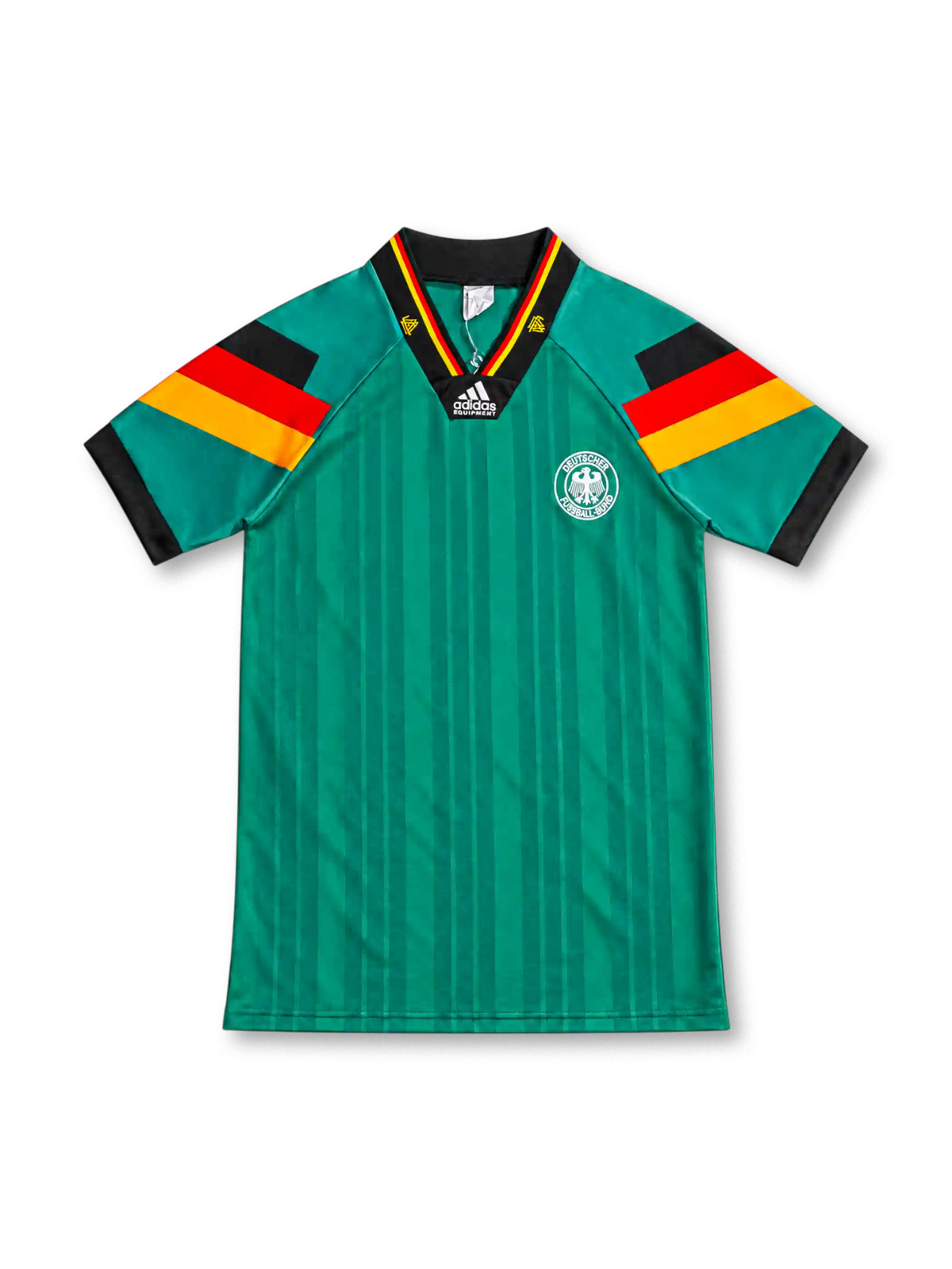Germany 1992 green away jersey with tonal vertical stripes, black-red-gold sleeve bands, black V-neck collar, white adidas Equipment logo and circular DFB eagle crest.