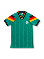 Germany 1992 green away jersey with tonal vertical stripes, black-red-gold sleeve bands, black V-neck collar, white adidas Equipment logo and circular DFB eagle crest.