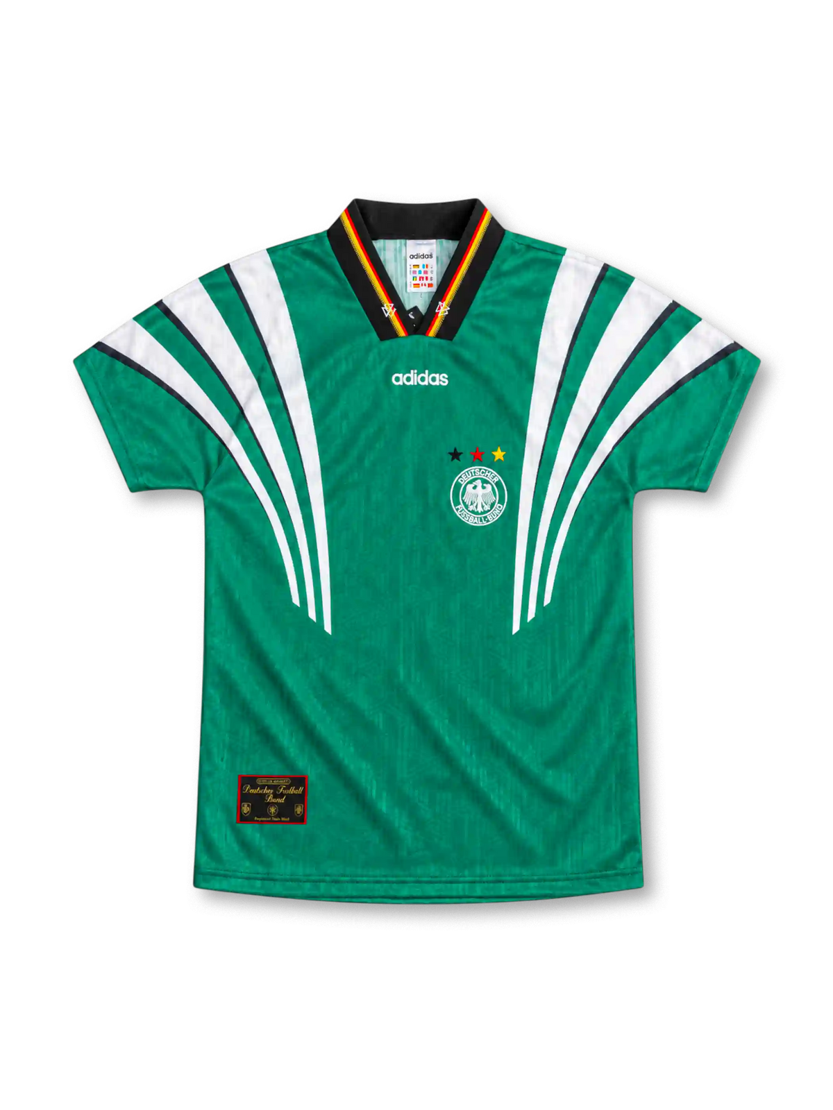 Germany 1996 green away jersey with sweeping white adidas shoulder stripes, black V-neck collar with German flag trim, white adidas logo, three-star DFB crest and lower-hem federation patch.