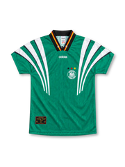 Germany 1996 green away jersey with sweeping white adidas shoulder stripes, black V-neck collar with German flag trim, white adidas logo, three-star DFB crest and lower-hem federation patch.