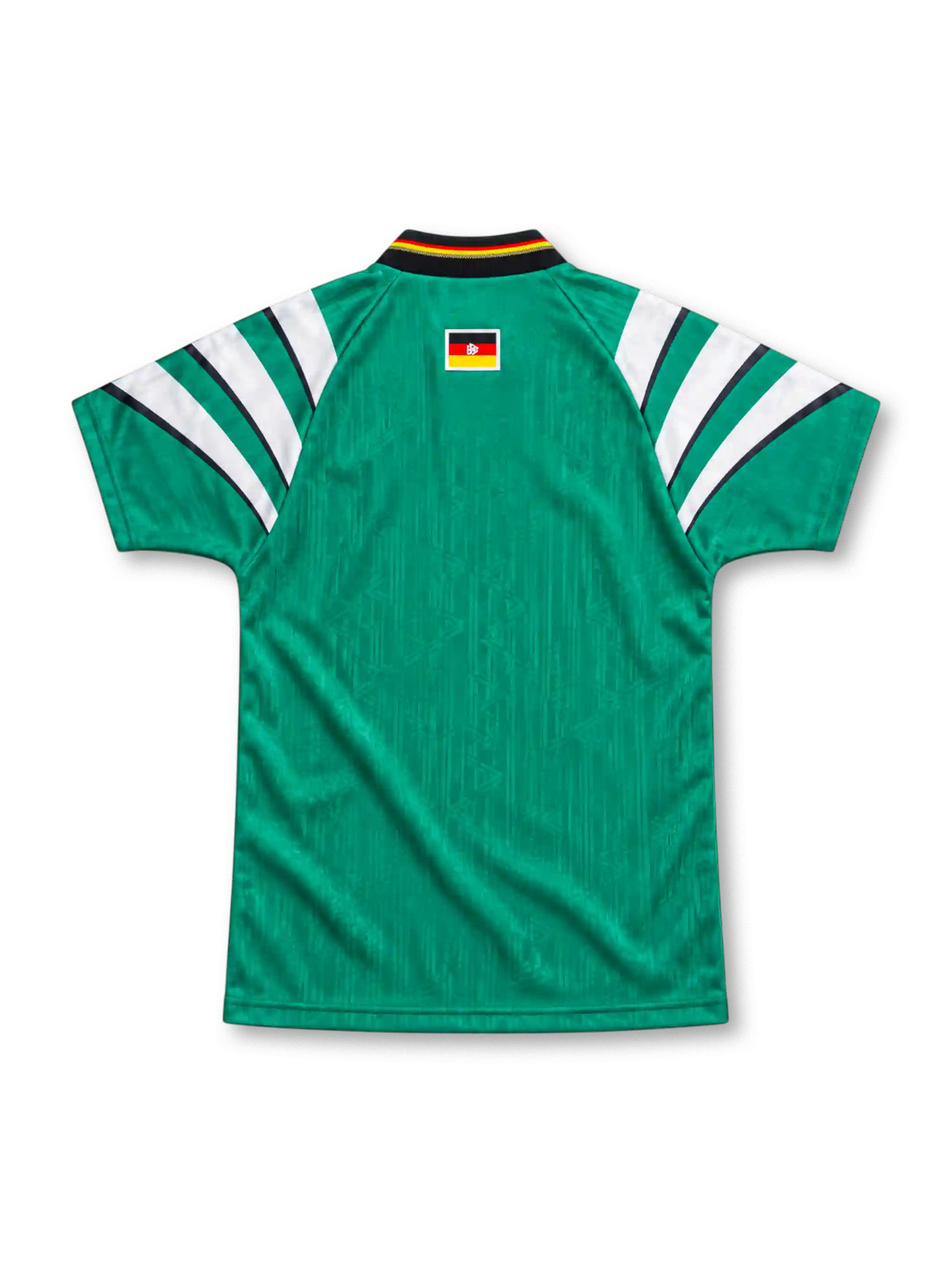 Germany 1996 green away jersey with sweeping white adidas shoulder stripes, black V-neck collar with German flag trim, white adidas logo, three-star DFB crest and lower-hem federation patch.