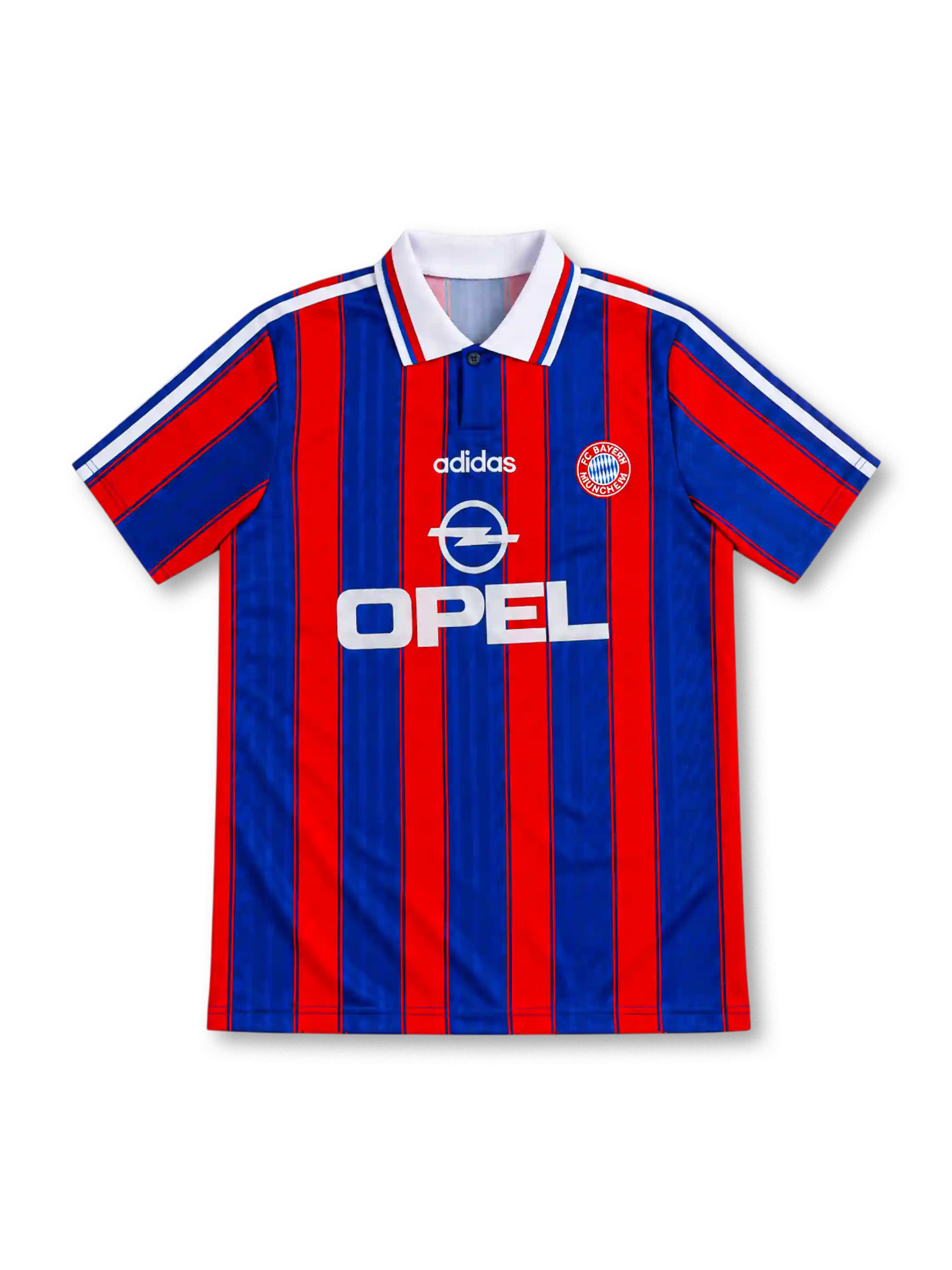 Bayern Munich 1995/97 home jersey with red-and-blue vertical stripes, white adidas shoulder stripes, white polo collar, club crest and Opel sponsor.