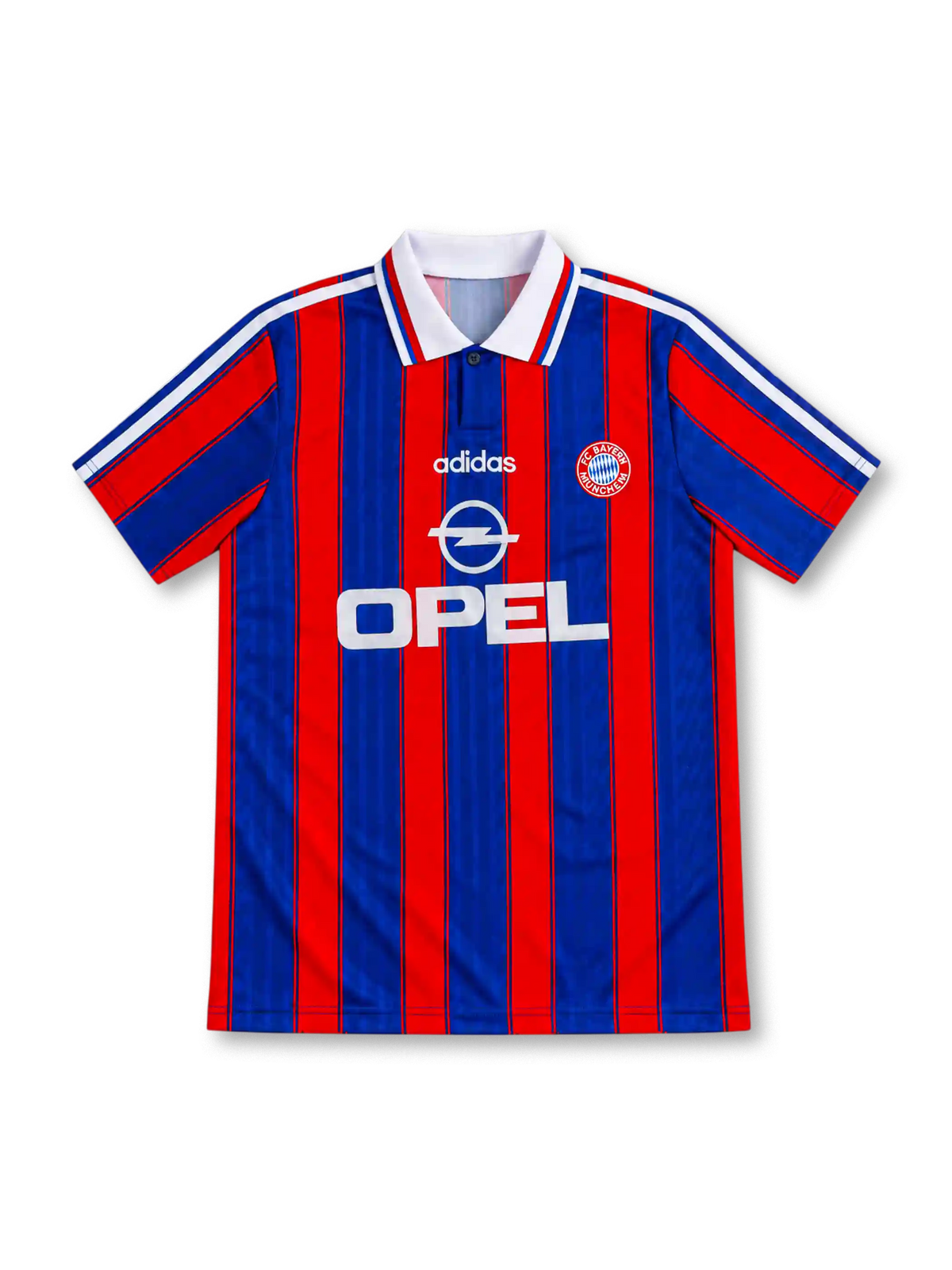 Bayern Munich 1995/97 home jersey with red-and-blue vertical stripes, white adidas shoulder stripes, white polo collar, club crest and Opel sponsor.