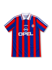 Bayern Munich 1995/97 home jersey with red-and-blue vertical stripes, white adidas shoulder stripes, white polo collar, club crest and Opel sponsor.