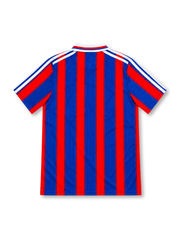 Bayern Munich 1995/97 home jersey with red-and-blue vertical stripes, white adidas shoulder stripes, white polo collar, club crest and Opel sponsor.