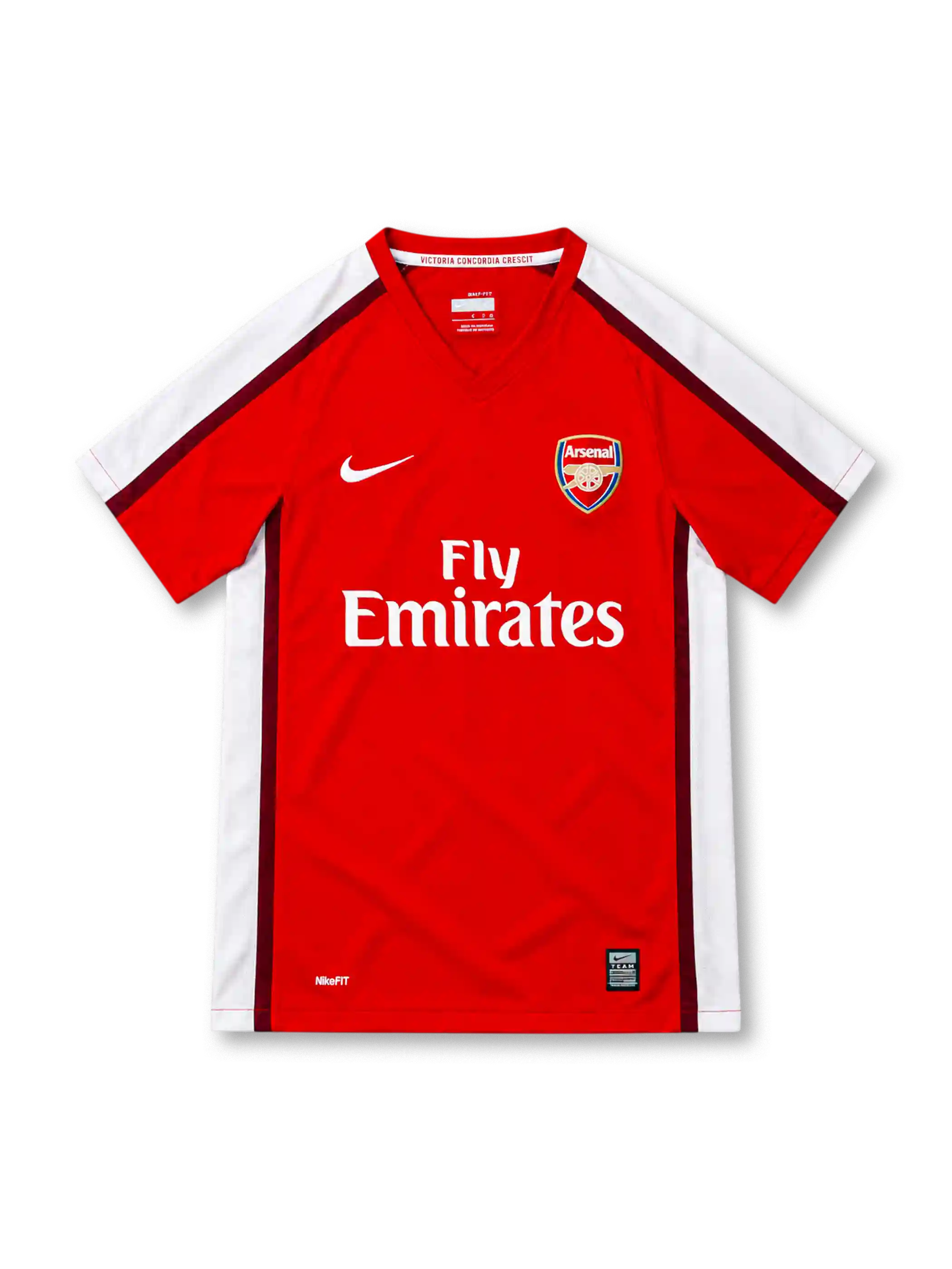 Arsenal 2008/10 red home jersey by Nike with white shoulder panels, burgundy piping, V-neck collar, Arsenal crest, white Fly Emirates sponsor and NikeFIT branding.