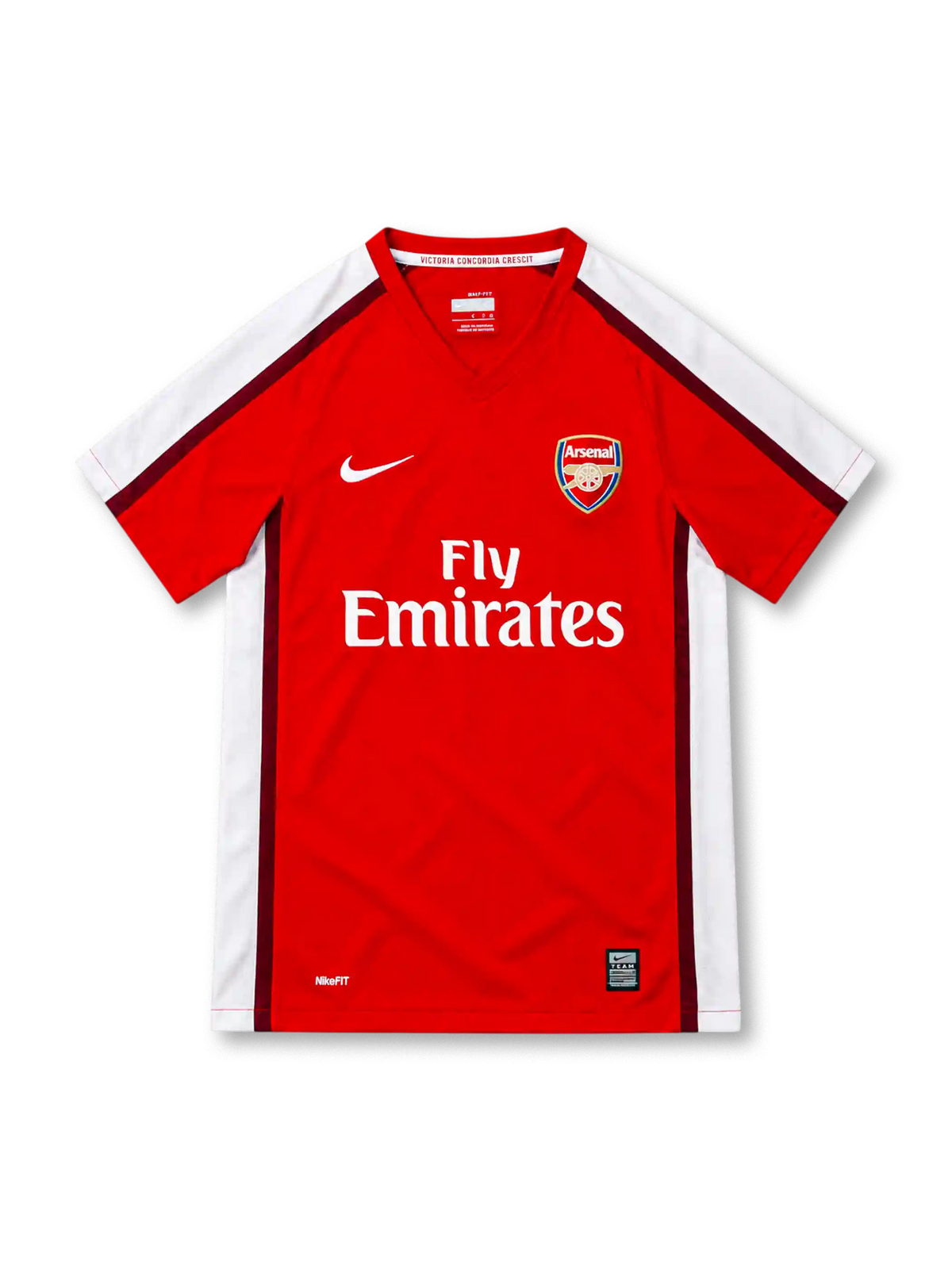 Arsenal 2008/10 red home jersey by Nike with white shoulder panels, burgundy piping, V-neck collar, Arsenal crest, white Fly Emirates sponsor and NikeFIT branding.