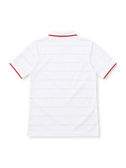 USA 2014 white home jersey with subtle gray horizontal pinstripes, red-trimmed polo collar and cuffs, blue Nike Swoosh, US Soccer crest and Dri-FIT branding.
