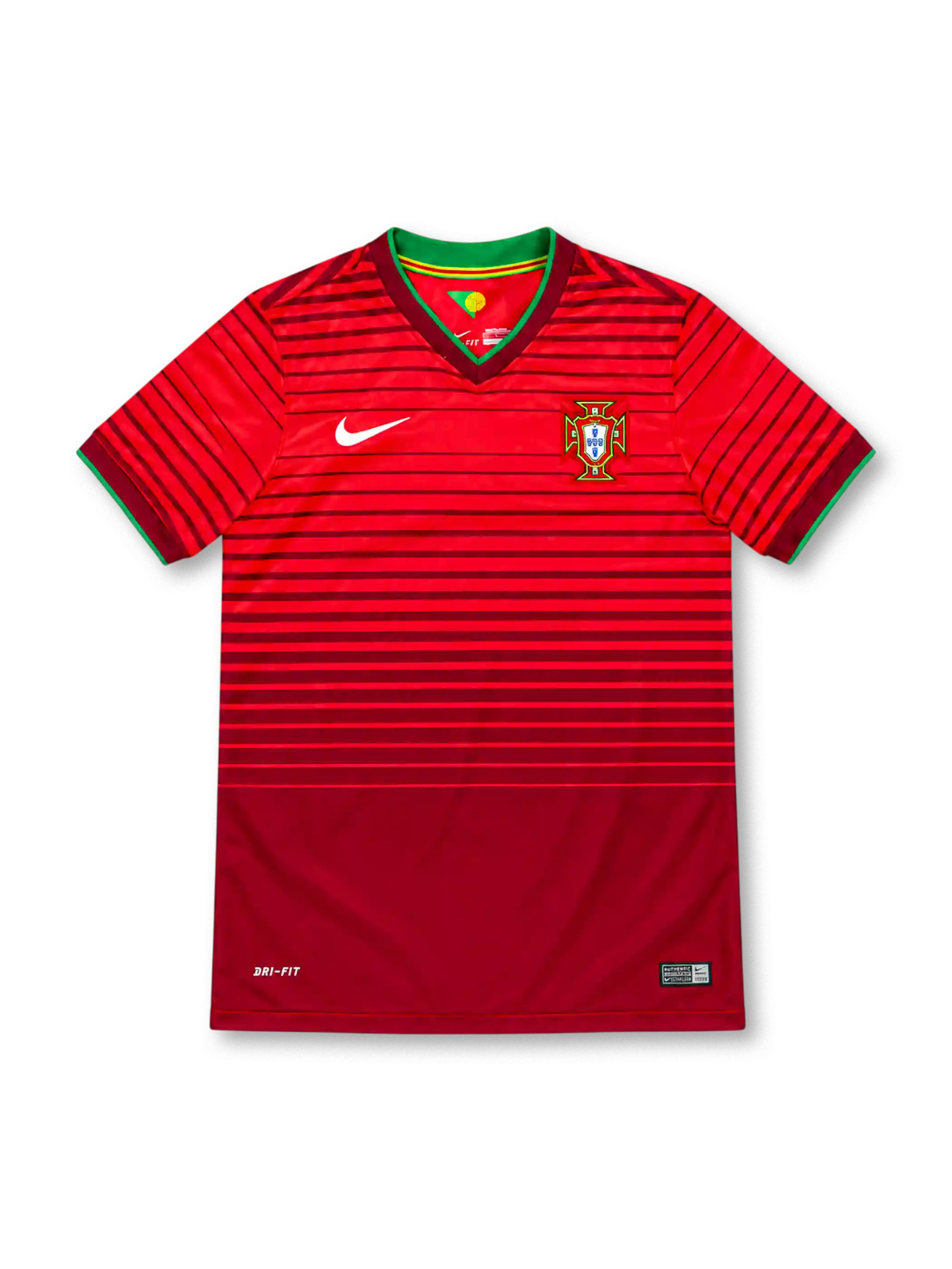 Portugal 2014 centenary home jersey with red tonal horizontal stripes, green-trimmed V-neck collar, white Nike Swoosh, Portuguese federation crest and Dri-FIT branding.