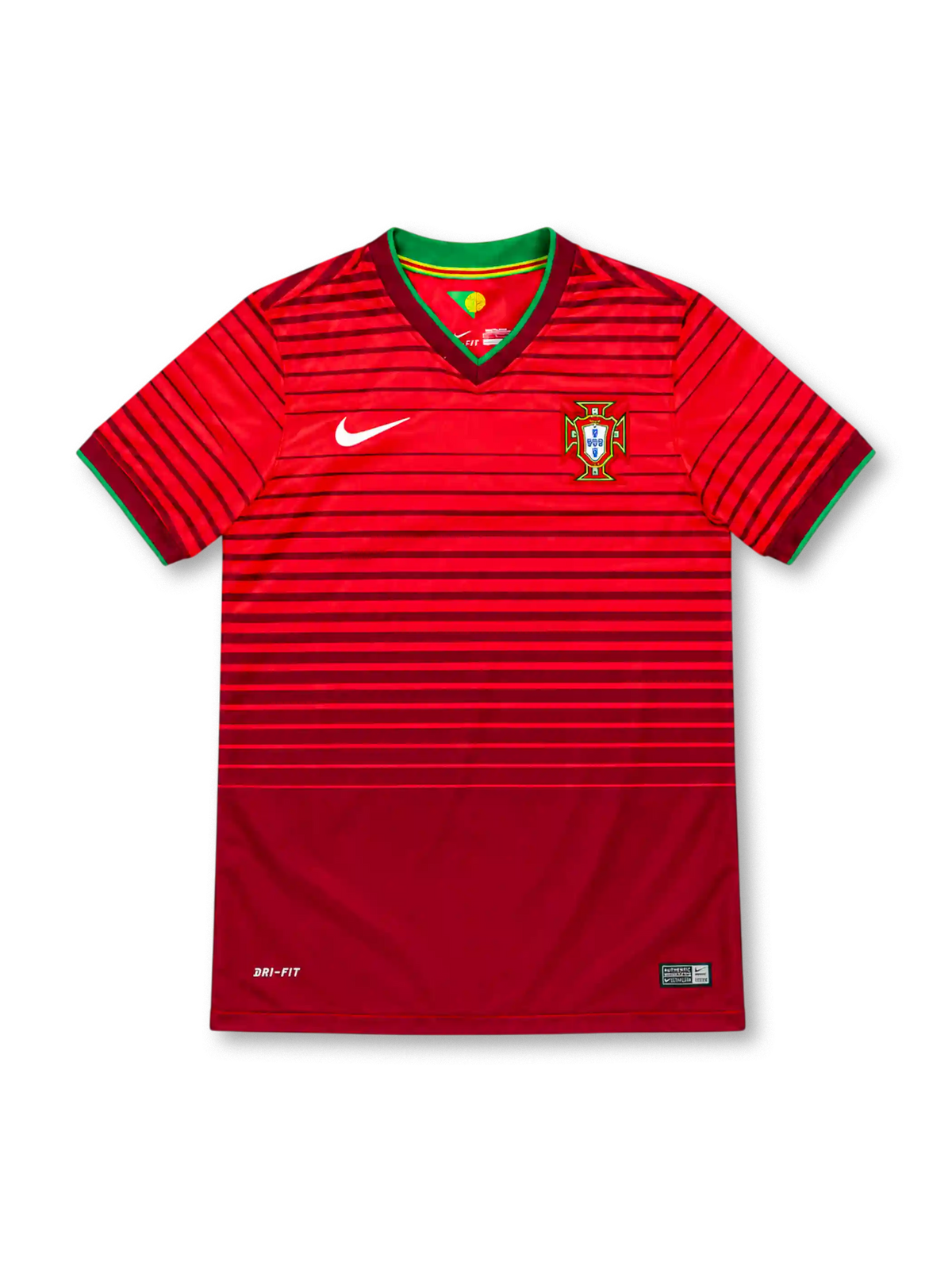 Portugal 2014 centenary home jersey with red tonal horizontal stripes, green-trimmed V-neck collar, white Nike Swoosh, Portuguese federation crest and Dri-FIT branding.