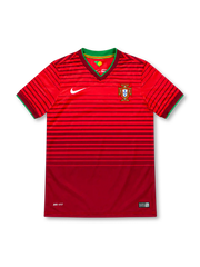 Portugal 2014 centenary home jersey with red tonal horizontal stripes, green-trimmed V-neck collar, white Nike Swoosh, Portuguese federation crest and Dri-FIT branding.
