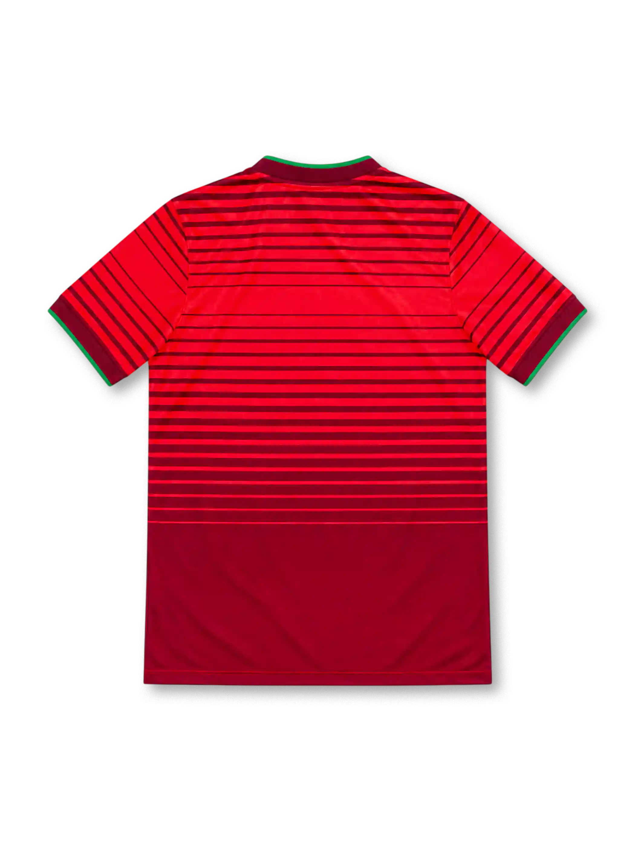 Portugal 2014 centenary home jersey with red tonal horizontal stripes, green-trimmed V-neck collar, white Nike Swoosh, Portuguese federation crest and Dri-FIT branding.