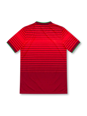 Portugal 2014 centenary home jersey with red tonal horizontal stripes, green-trimmed V-neck collar, white Nike Swoosh, Portuguese federation crest and Dri-FIT branding.